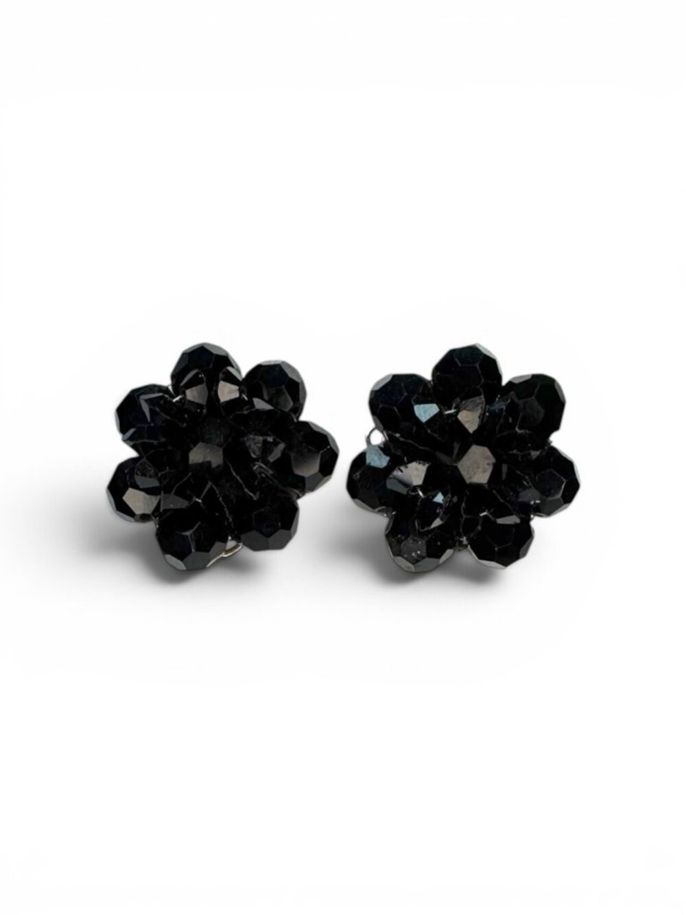 Alice Caviness Black Faceted Crystal Cluster Clip On Earrings Silver Tone 1950s